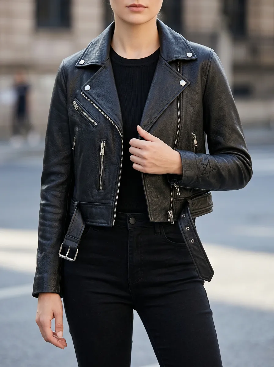 Women's Star Embossed Black Leather Biker Jacket