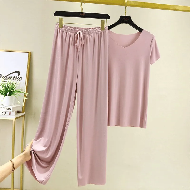 (💥48 % OFF)Soft Comfortable Ice Silk Short Sleeve T-Shirt Two Piece Set Loose Wide-leg Pants