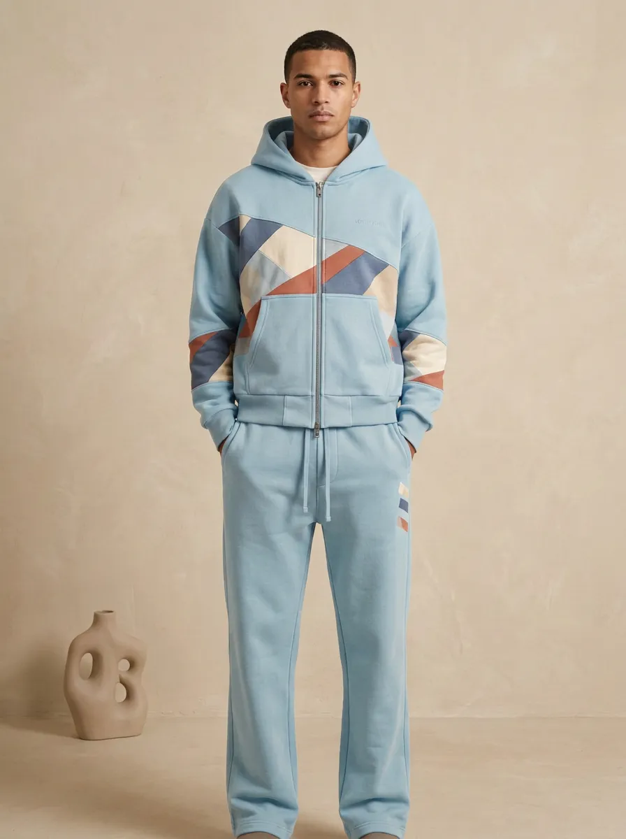 Men's Geometric Colorblock Printed Zip-up Hoodie Sweatpants Set