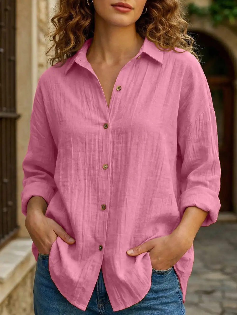 Button Detail Pleated Button-Up Shirt