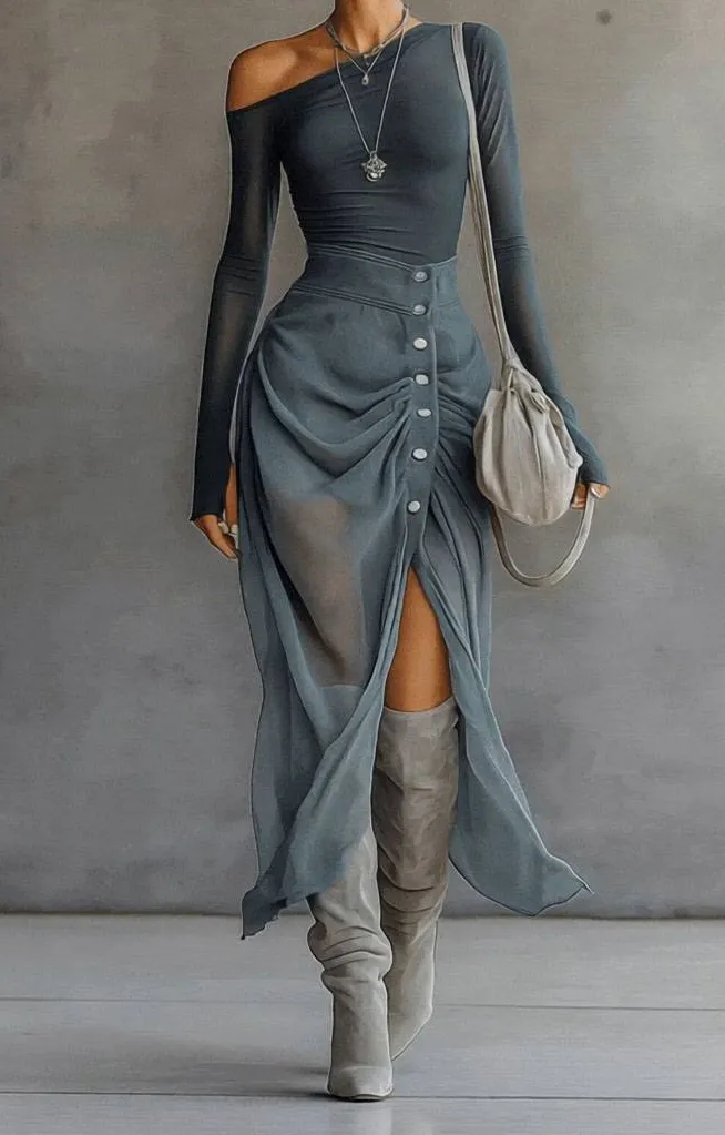 Off Shoulder Pleated Maxi Dress