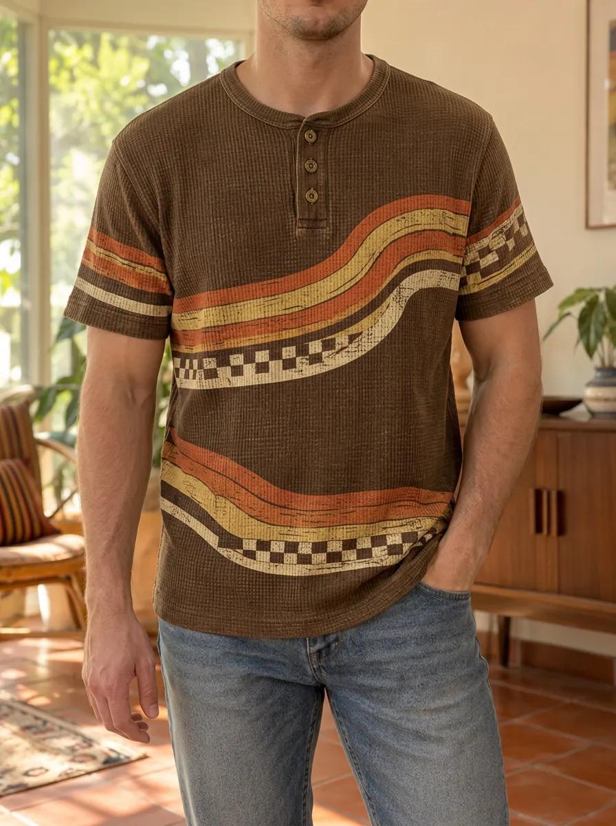 Men's Modern Retro Waffle Knit Striped Checkerboard Henley T-Shirt