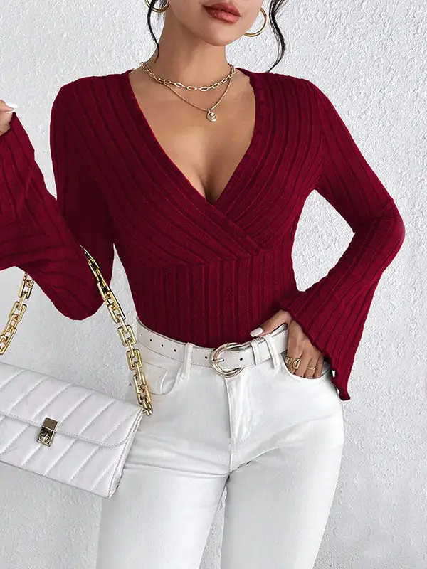 Flared Sleeve Long Sleeve Panel Detail Deep V-Neck T-Shirt