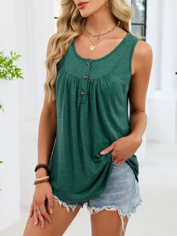 Round-Neck Buttoned Ruched Tank Top