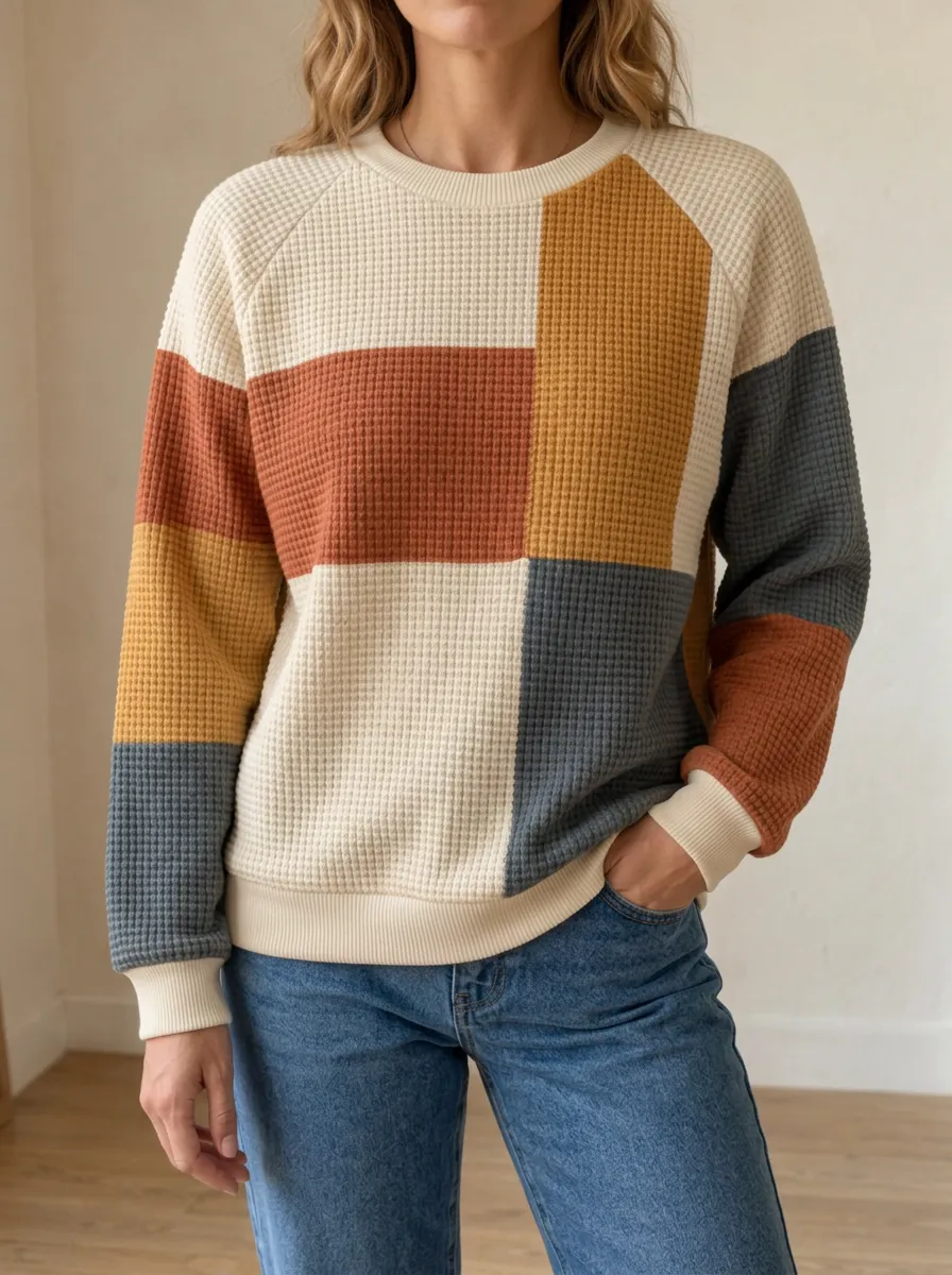 Women's Colorblock Pattern Waffle Knit Crewneck Sweatshirt
