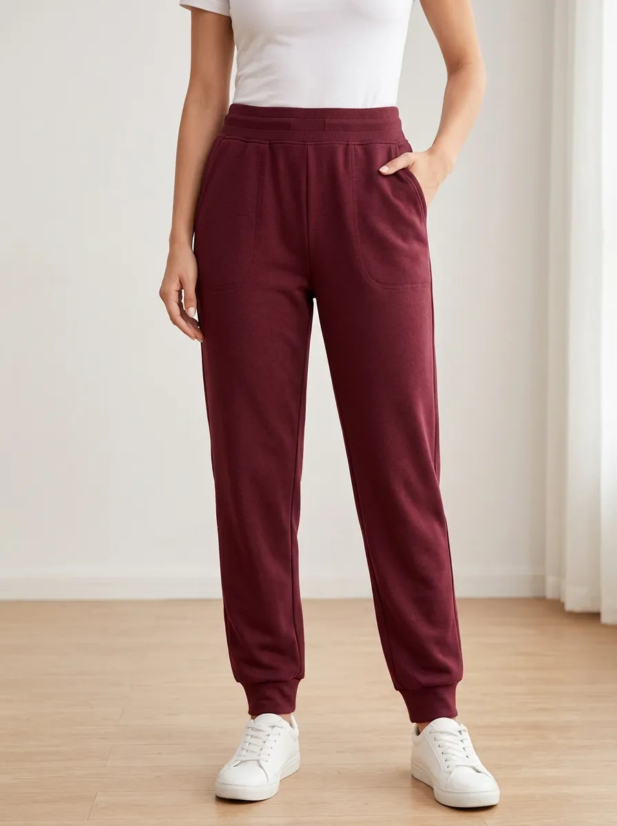 Women's Burgundy Elastic Waist Joggers