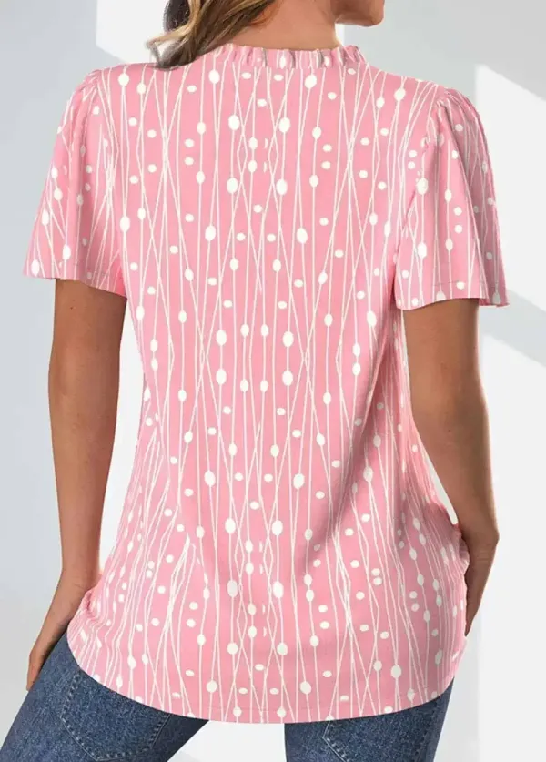 Pink Frill Geometric Print Short Sleeve Split Neck Blouse