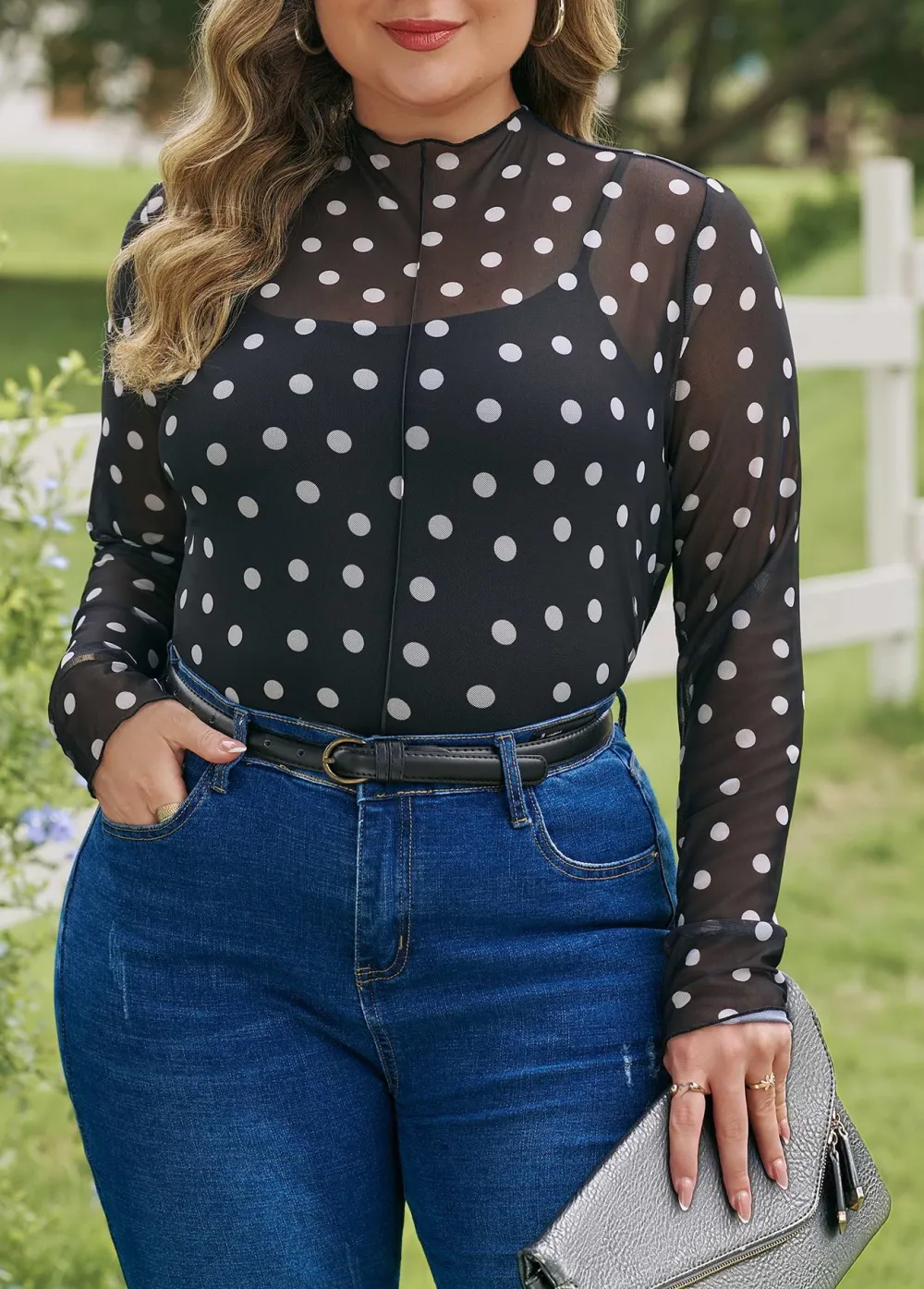 Polka Dot Stand Neck Mesh Relaxed Stretch Fabric Long Sleeve Top