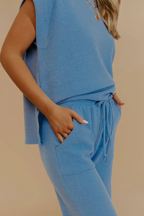 Weekend Wind-Down High Waist Waffle Knit Pants In Light Blue