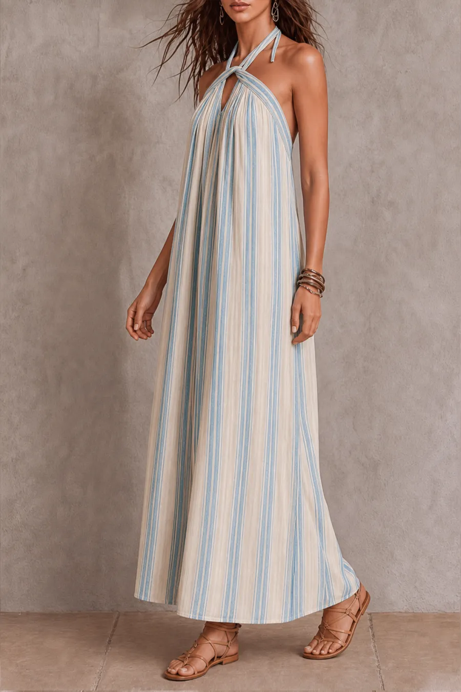 Halter Neck Cutout Striped Maxi Dress