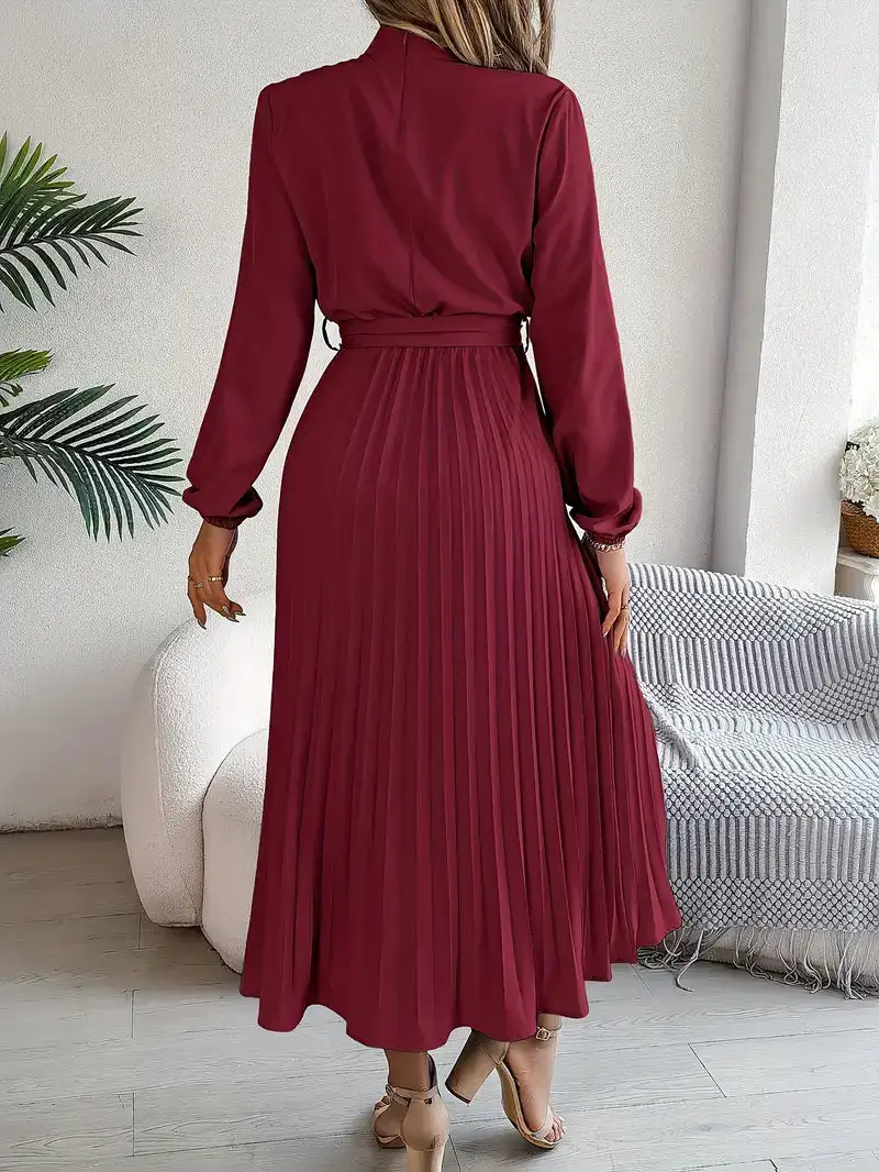  Long Sleeve Pleated Midi Dress