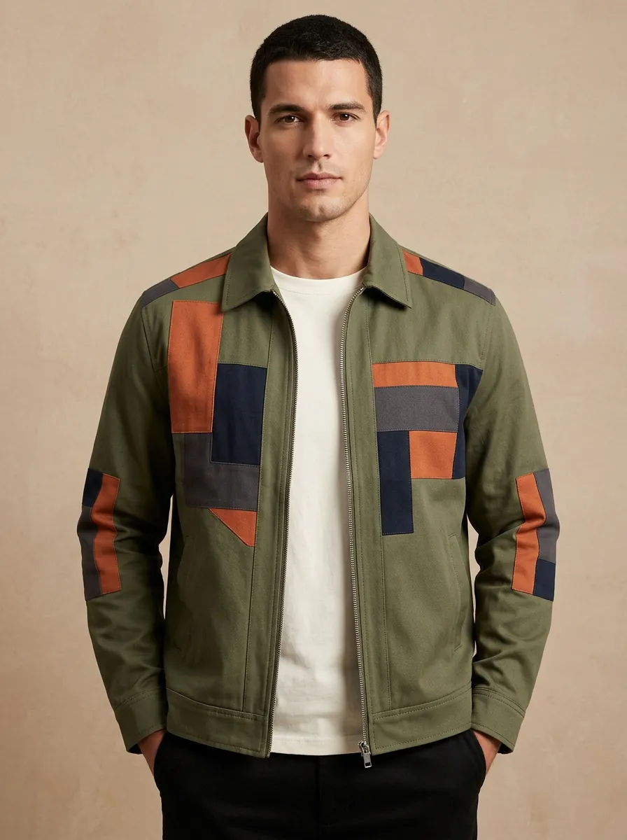 Men's Casual Fashion Colorblock Patchwork Printed Jacket