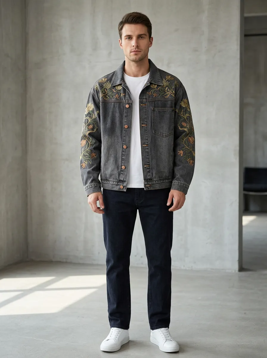 Men's Artisan Motif Floral Embroidered Denim Jacket