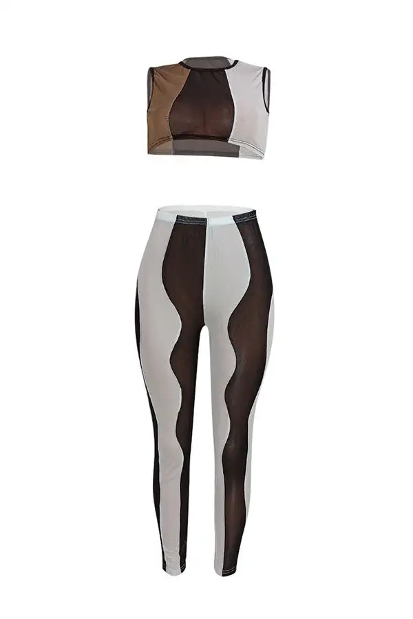 Colorblock Sheer Round Neck Pant Set