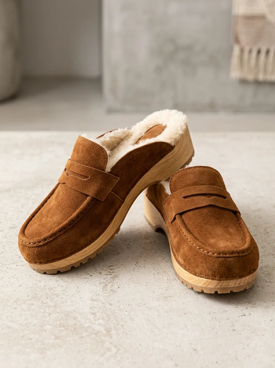 Women's Outdoor Faux Fur Lined Clog Style Casual Suede Wood Sole Loafers