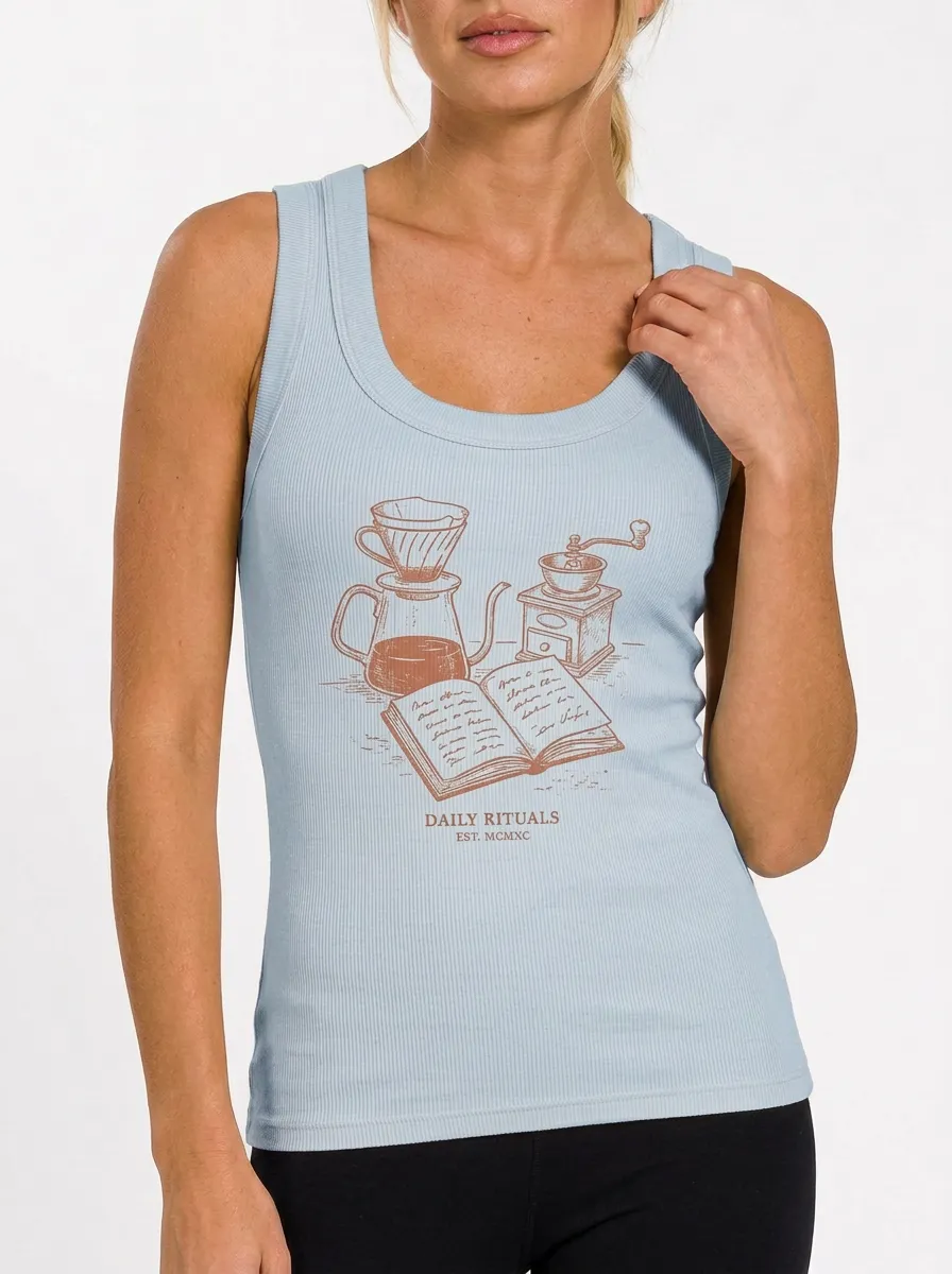Women's Coffee Lover Daily Rituals Book Printed Ribbed Tank Top
