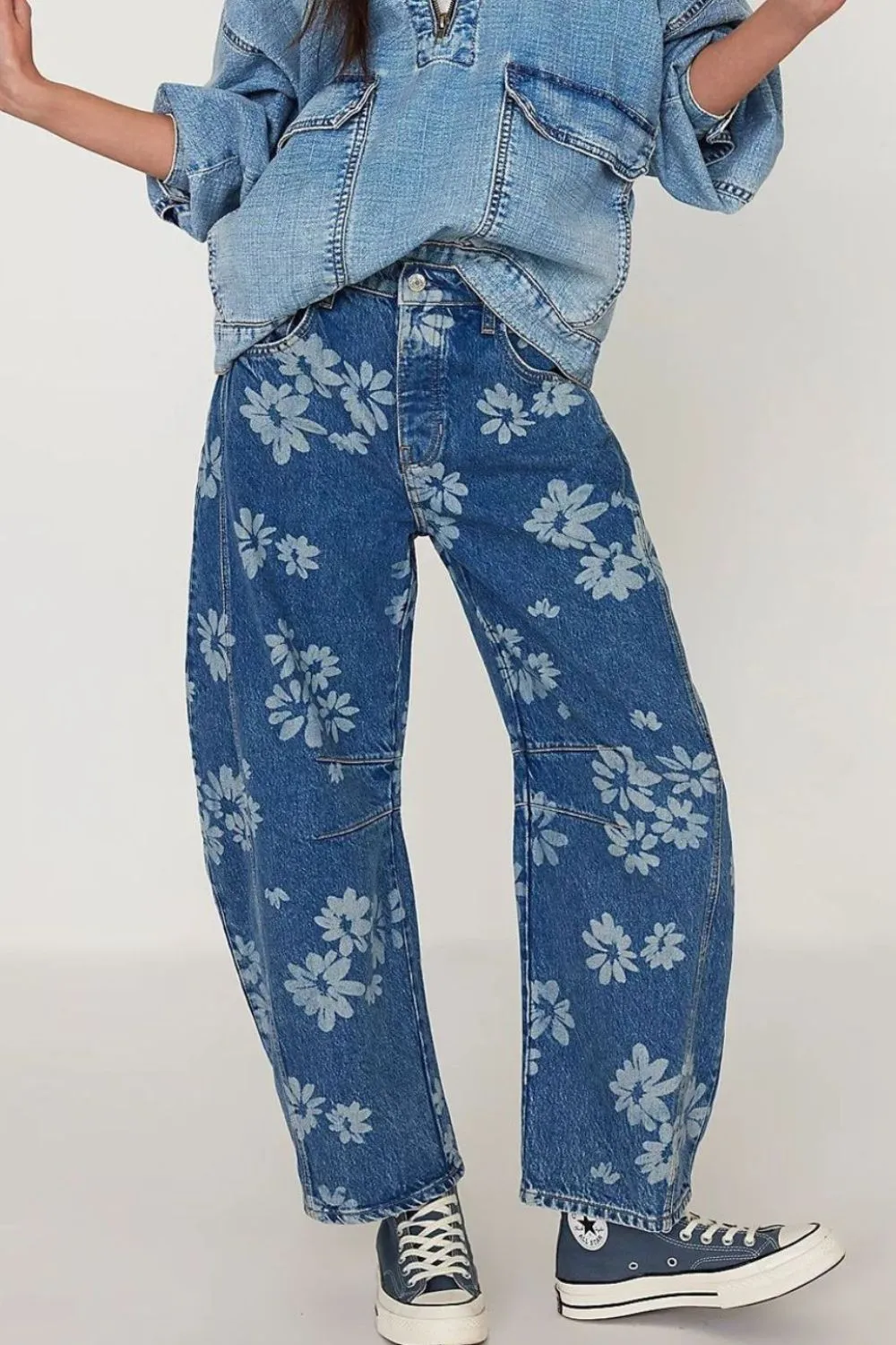 Denim Floral Print Wide Leg Pocketed Jeans