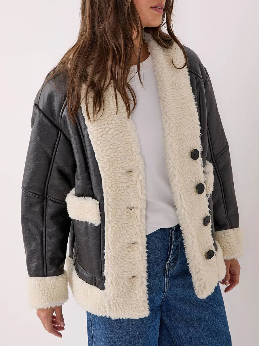 Black Leather Shearling Lined Cropped Jacket