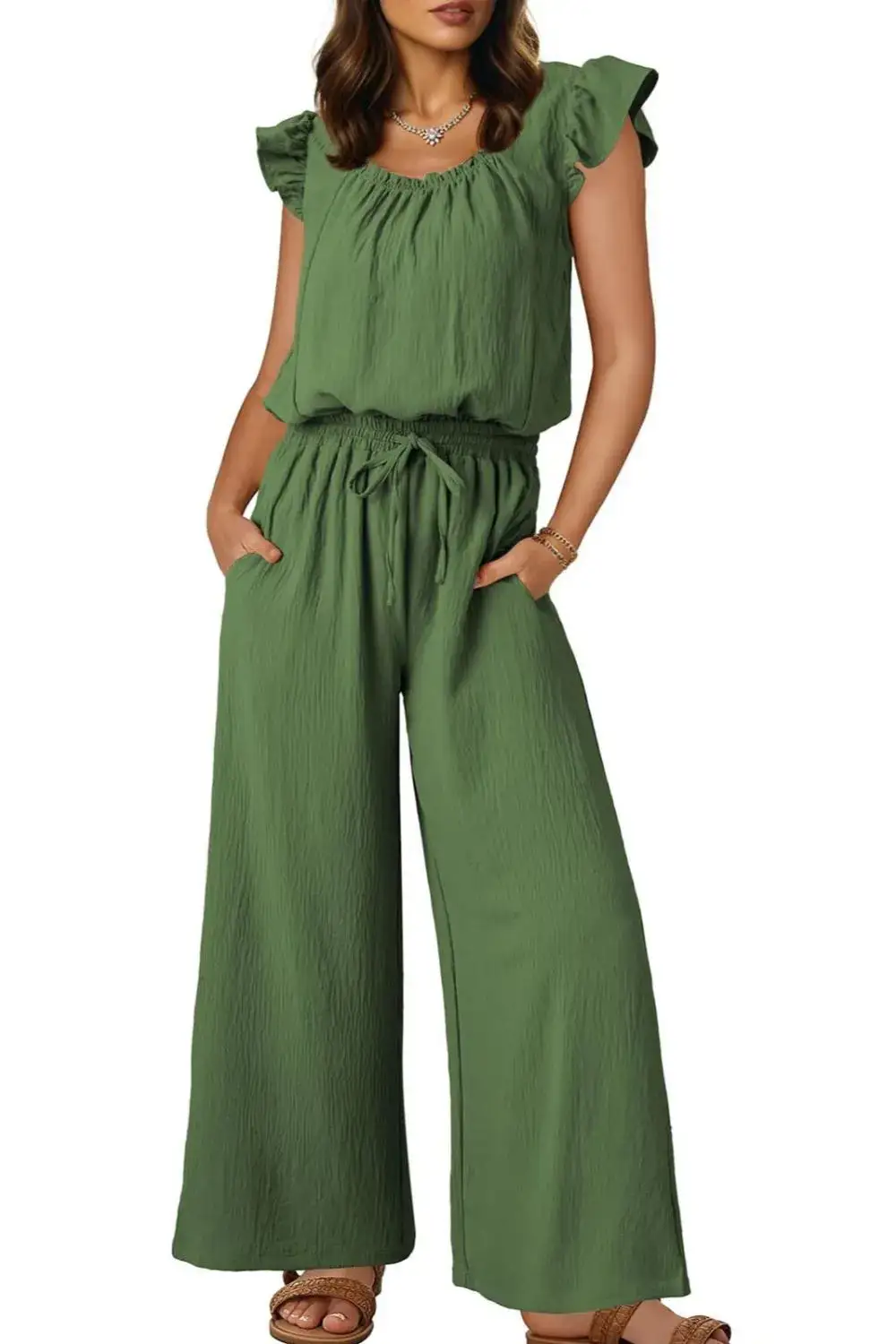 Ruffled Cap Sleeve Wide Leg Jumpsuit Accessory