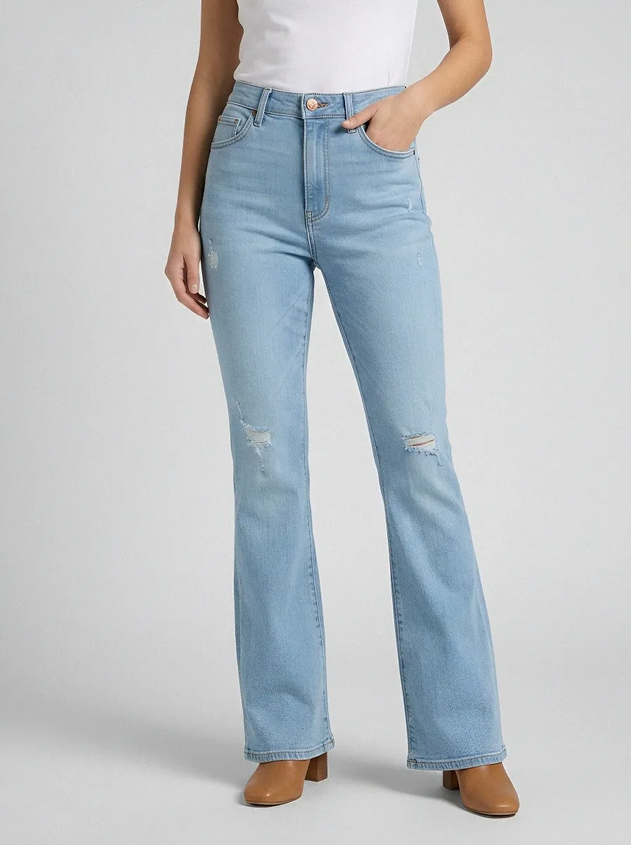 High-Waist Vintage-Wash Distressed Women's High-Waist Stretch Flare Jeans