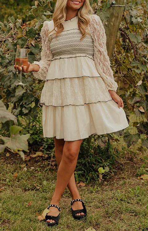 Embroidered Round Neck Long Sleeve Tiered Mini Dress