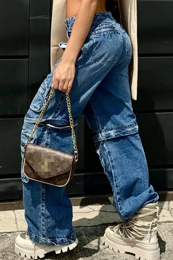Blue Retro Multi-Pocket Zip-Up Detachable Jeans
