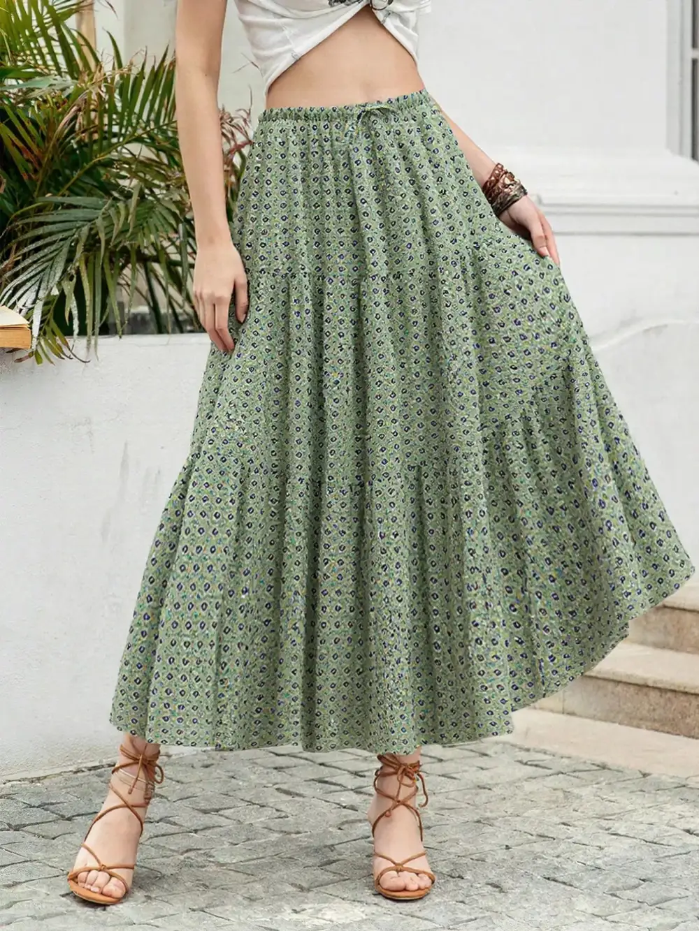 Boho Print Tiered Maxi Skirt