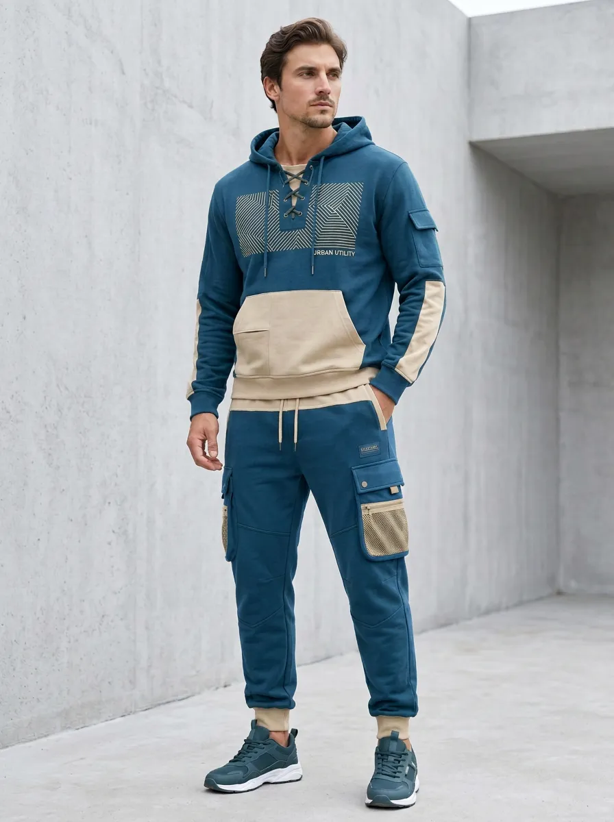 Daily Lace-Up Geometric Modern Look Men's Lace Up Hoodie And Cargo Jogger Set