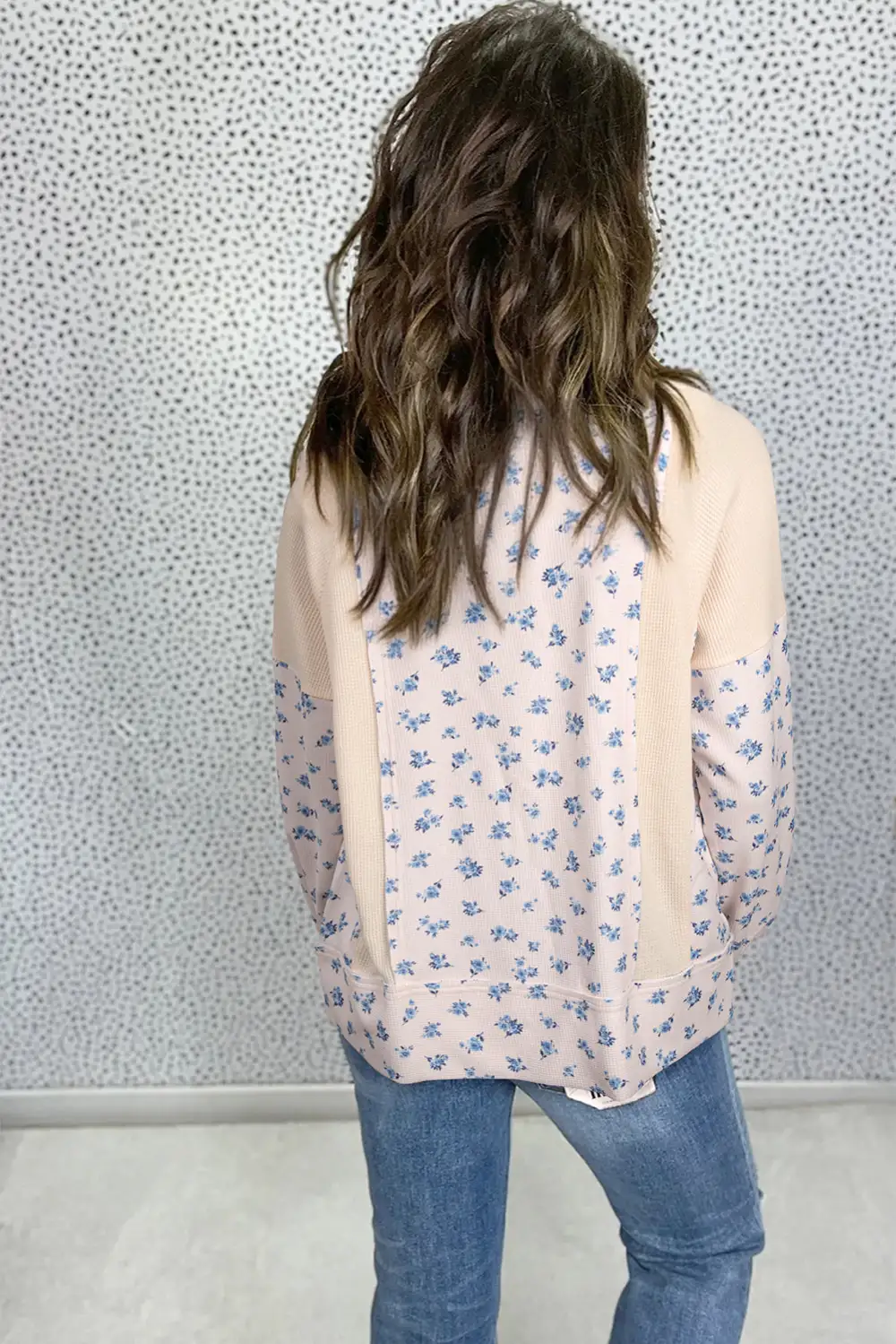 Women's Top With Floral Print And Colorblock And Waffle Knit