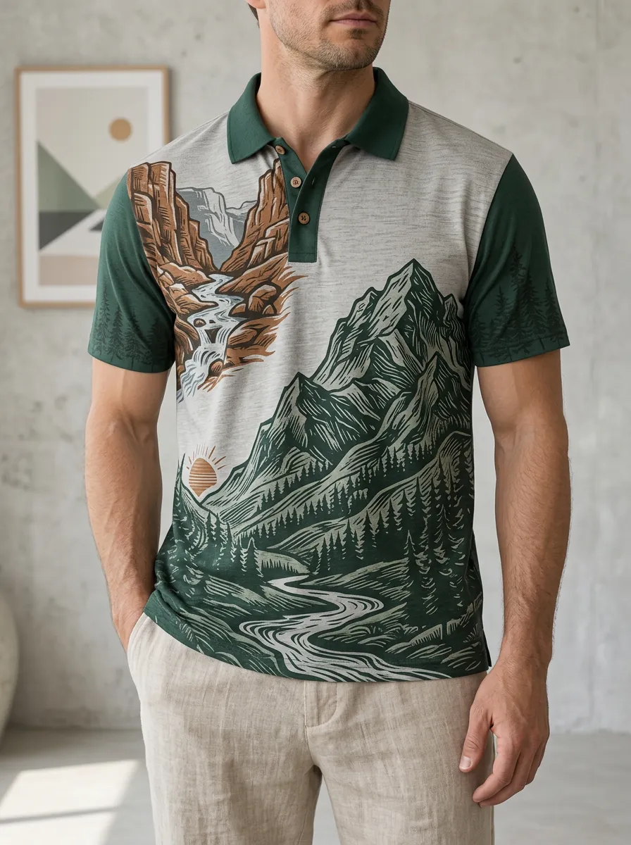 Men's Nature Lover Mountain River Printed Polo Shirt