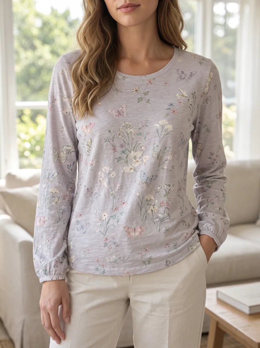 Women's Charming Weekend Sweet Style Butterfly Floral Printed Long Sleeve T-shirt