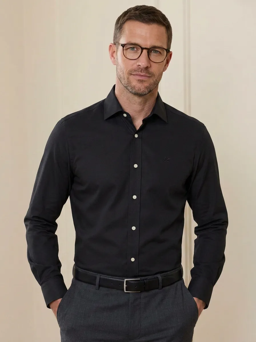 Men's Business Casual Non-Iron Cotton Striped Embroidered Shirt