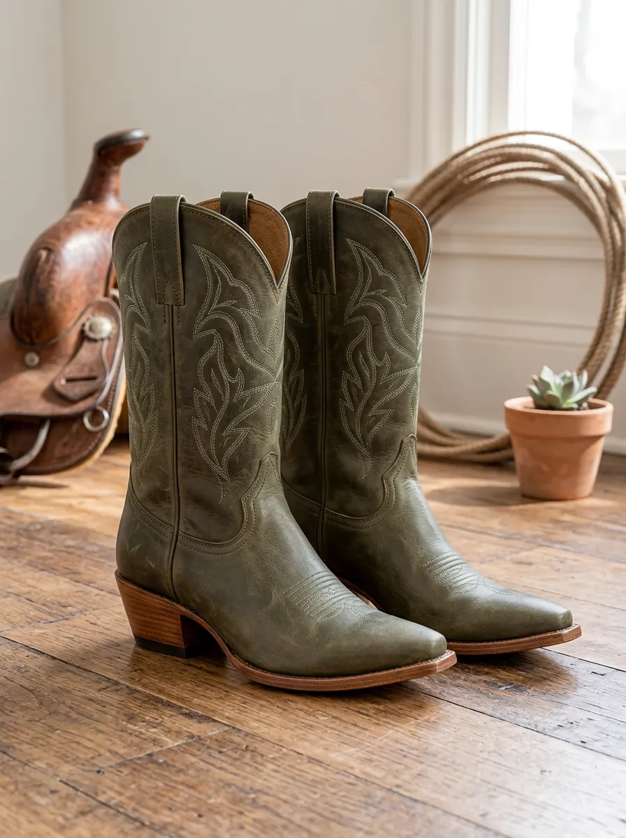 Unisex Classic Western Cowboy Olive Green Embroidered Printed Boots