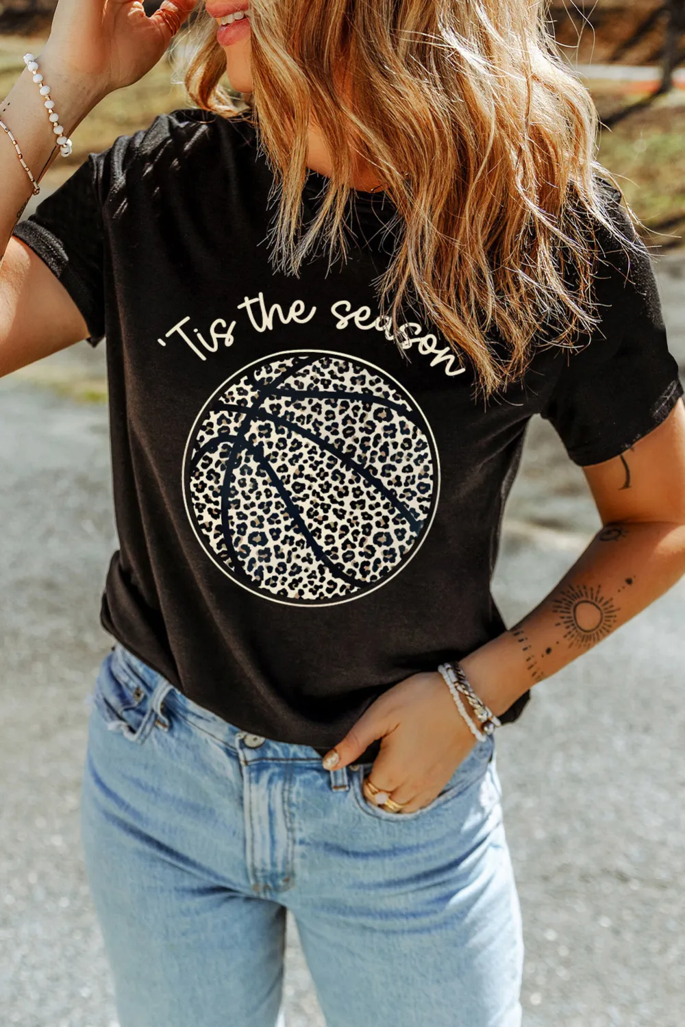 Black Leopard Basketball Printed Crew Tee