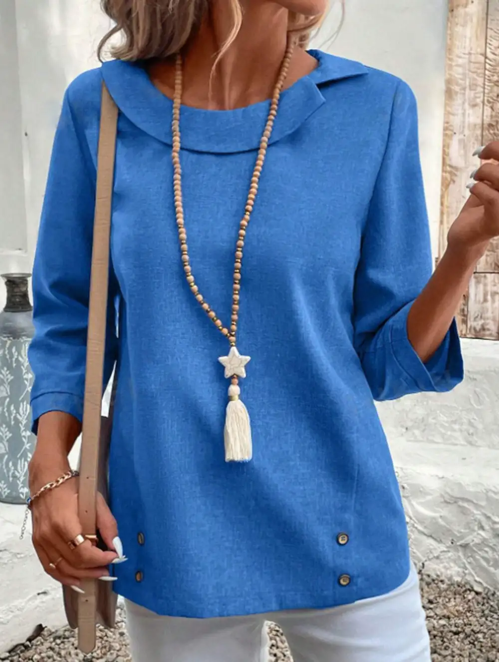 Lapel Three-Quarter Sleeve Tee Top