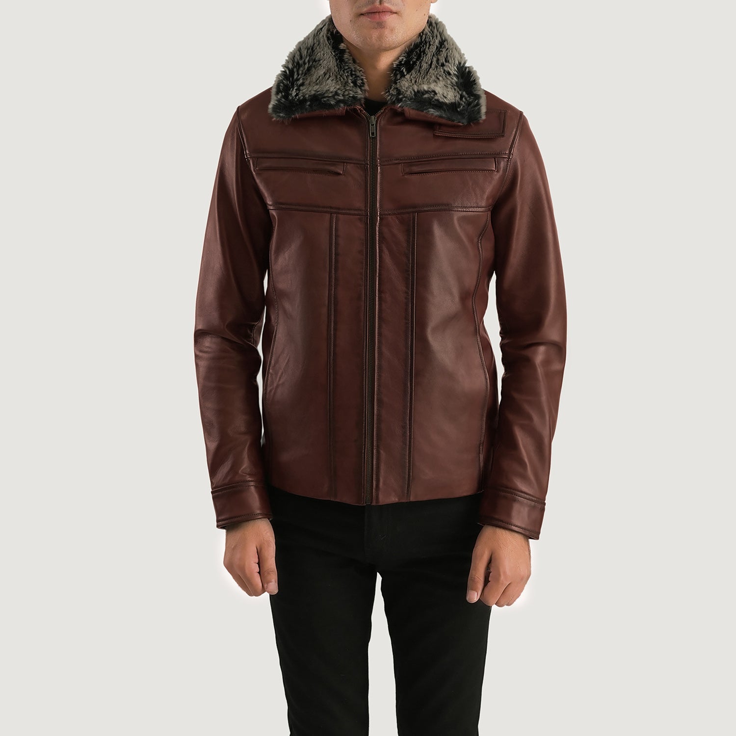 Men's Leather Fur Trim Jacket