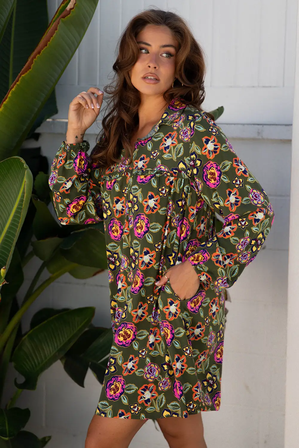 Layered Detail Floral Printed Split Neck Mini Dress