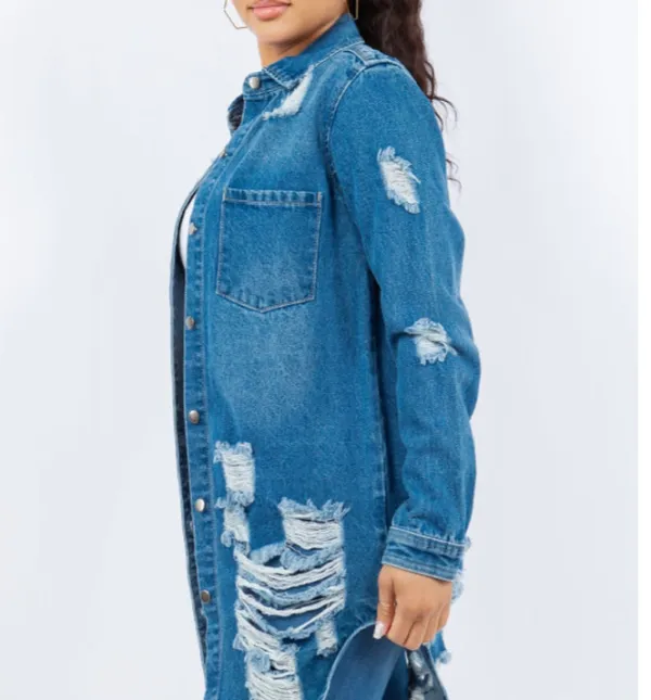 Distressed Button-Up Long-Sleeve Denim Jacket