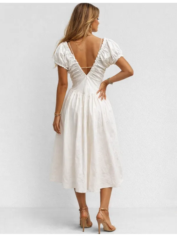 V Neck Ruched Short Sleeves Midi Dress