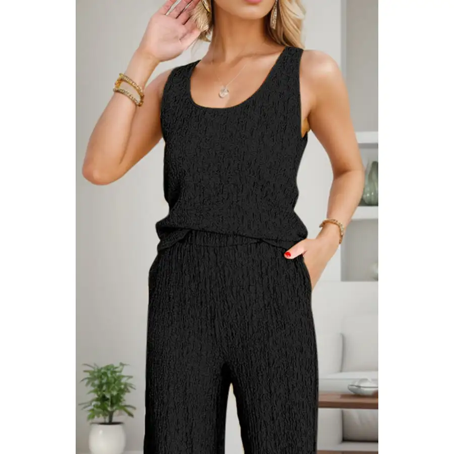 Textured Round Neck Top and Wide Leg Pants Set