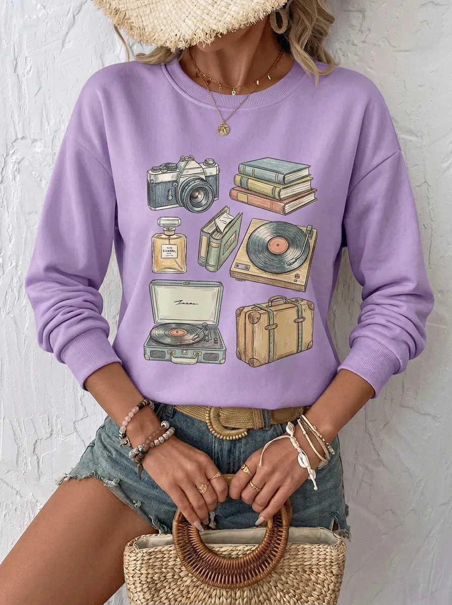Women's Aesthetic Hobby Lover Camera Books Record Player Printed Sweatshirt