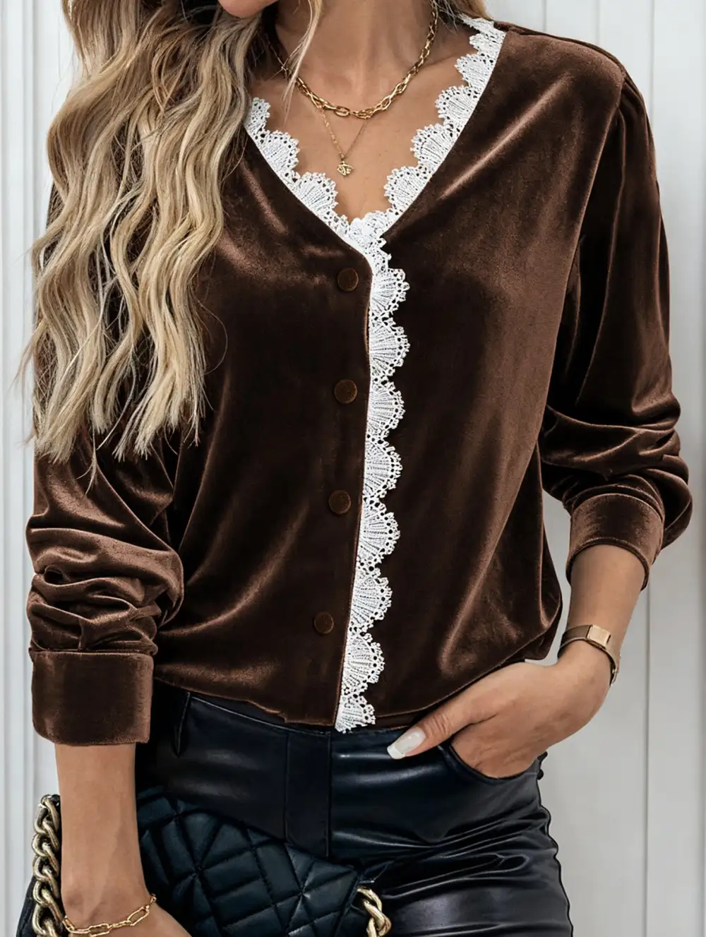 Retro V Neck Lace Trimmed Velvet Top