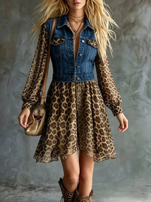 Long Sleeve Relaxed Buttoned Leopard Pocket Split Joint Lapel Mini Dress