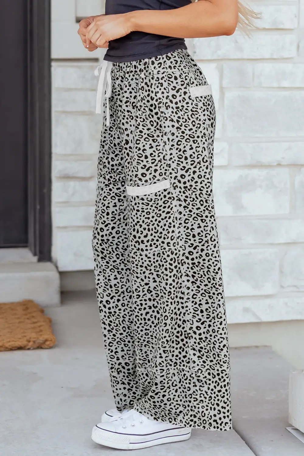 Classic Animal Print Wide Leg Terry Knit Trousers
