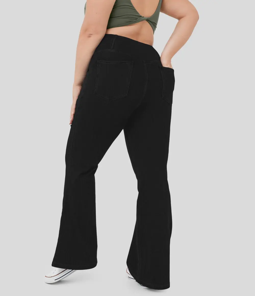Magic High Waisted Crossover Pocket Cool Touch Breathable Washed Stretchy Knit Plus Size Casual Super Flare Jeans