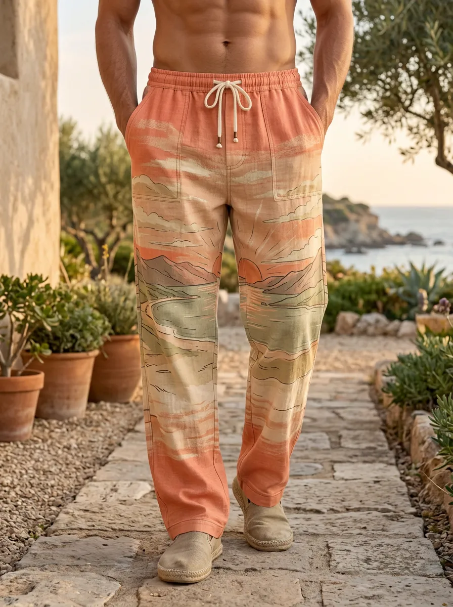 Men's Beach Sunset Landscape Printed Pants