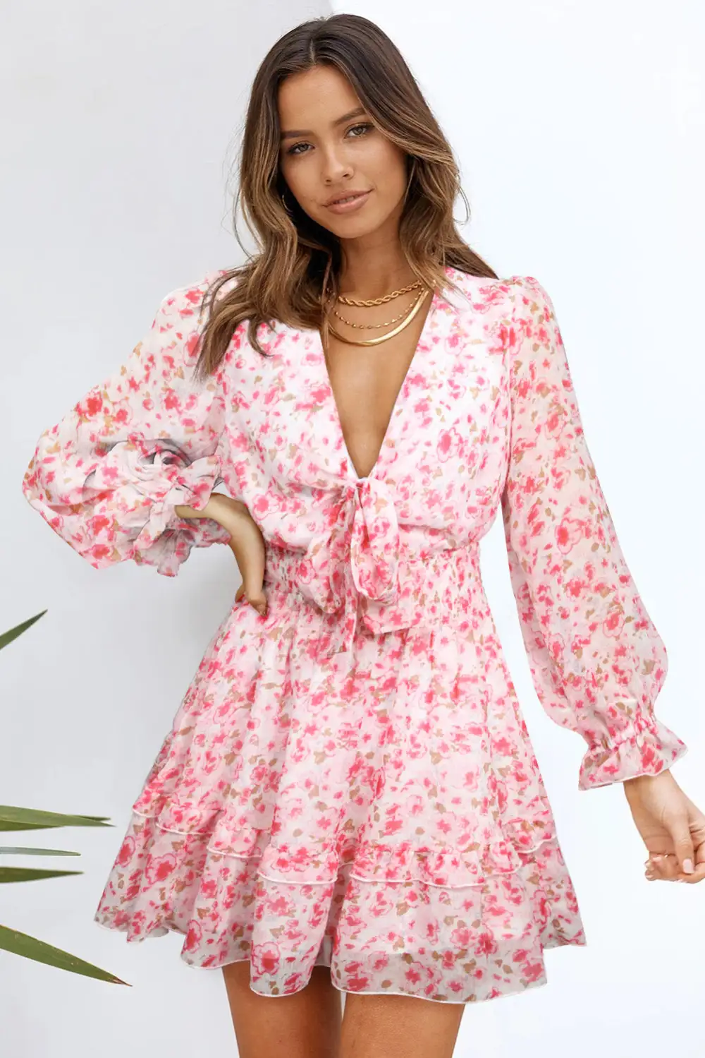 V Neck Lantern Sleeve Knotted Tiered Mini Dress