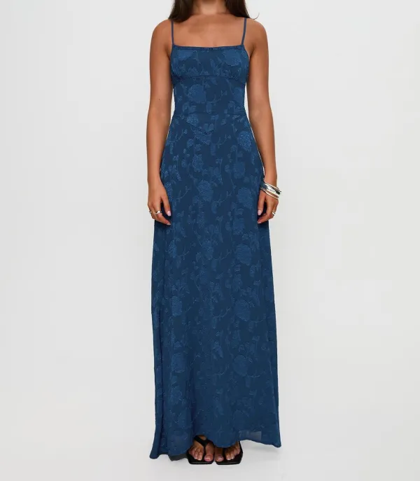 Navy Lace-Up Floral Maxi Dress
