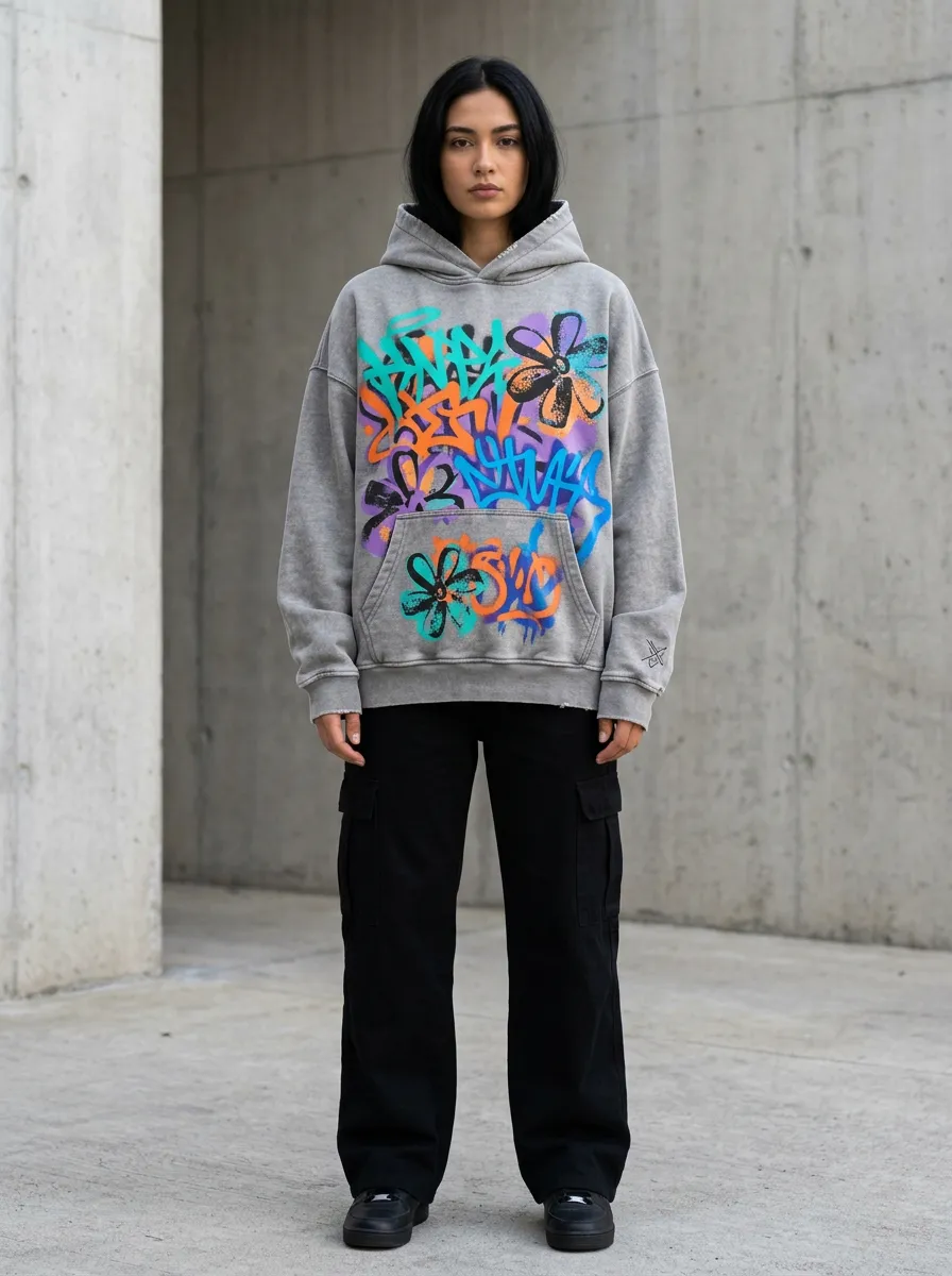 Unisex Streetwear Graffiti Flower Graphic Hoodie