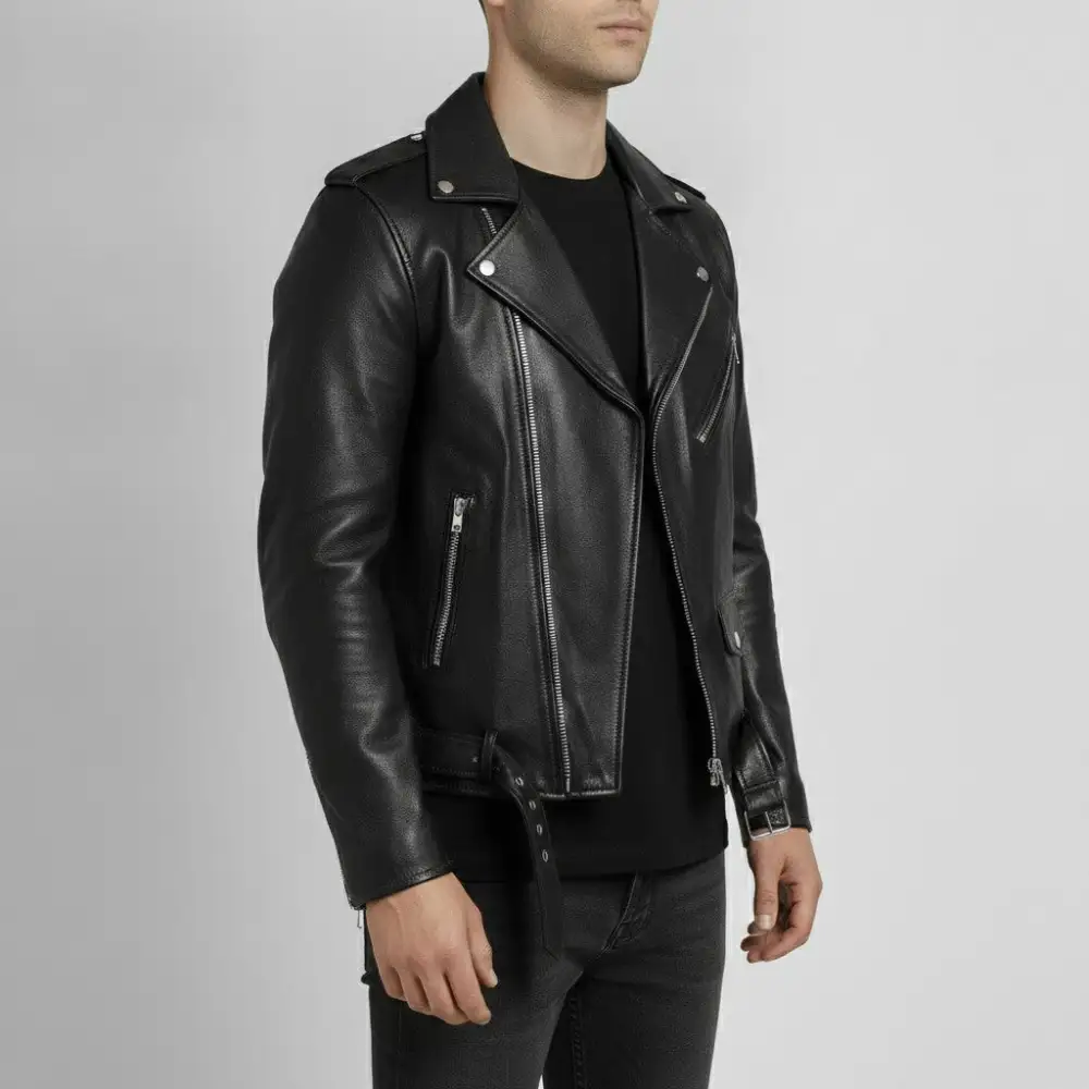 Modern Leather Biker Motorcycle Belted Jacket